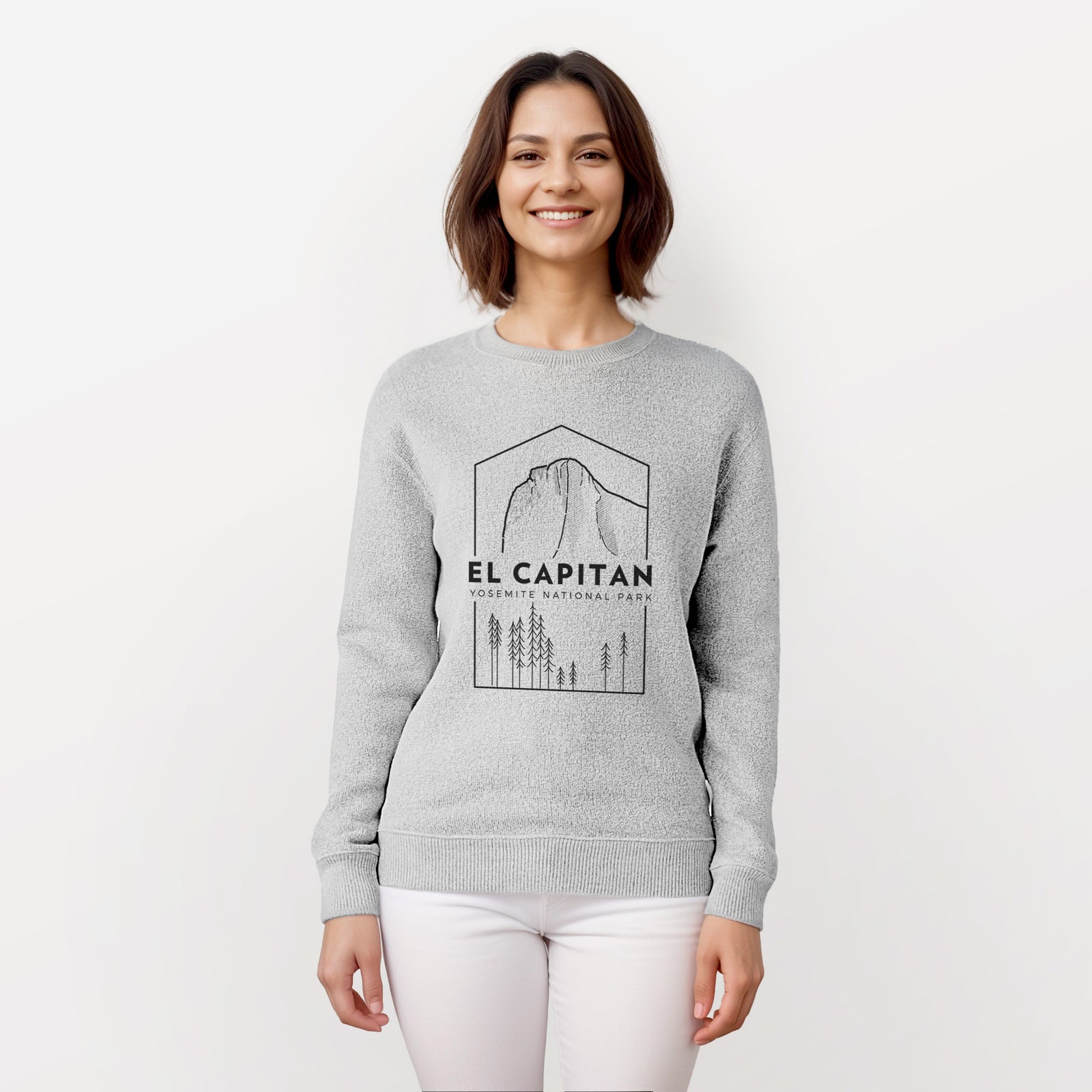 Salt and pepper knit sweatshirt laid flat, printed with a black line art badge of El Capitan rising above a pine forest, with the words El Capitan, Yosemite National Park.