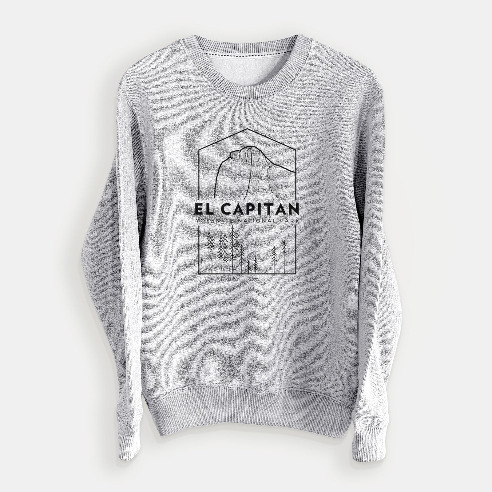 Salt and pepper knit sweatshirt laid flat, printed with a black line art badge of El Capitan rising above a pine forest, with the words El Capitan, Yosemite National Park.