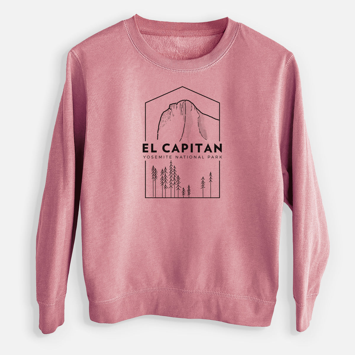 Mauve pink youth crewneck sweatshirt laid flat, printed with a black line art badge of El Capitan rising above a pine forest, with the words El Capitan, Yosemite National Park.