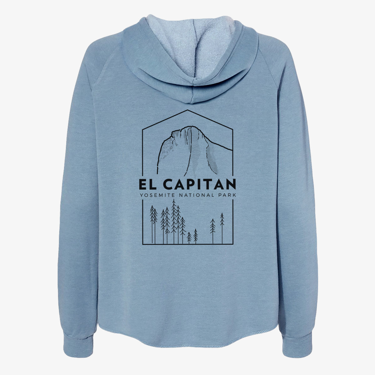 Misty blue women's Cali Wave zip-up sweatshirt laid flat, printed with a black line art badge of El Capitan rising above a pine forest, with the words El Capitan, Yosemite National Park.