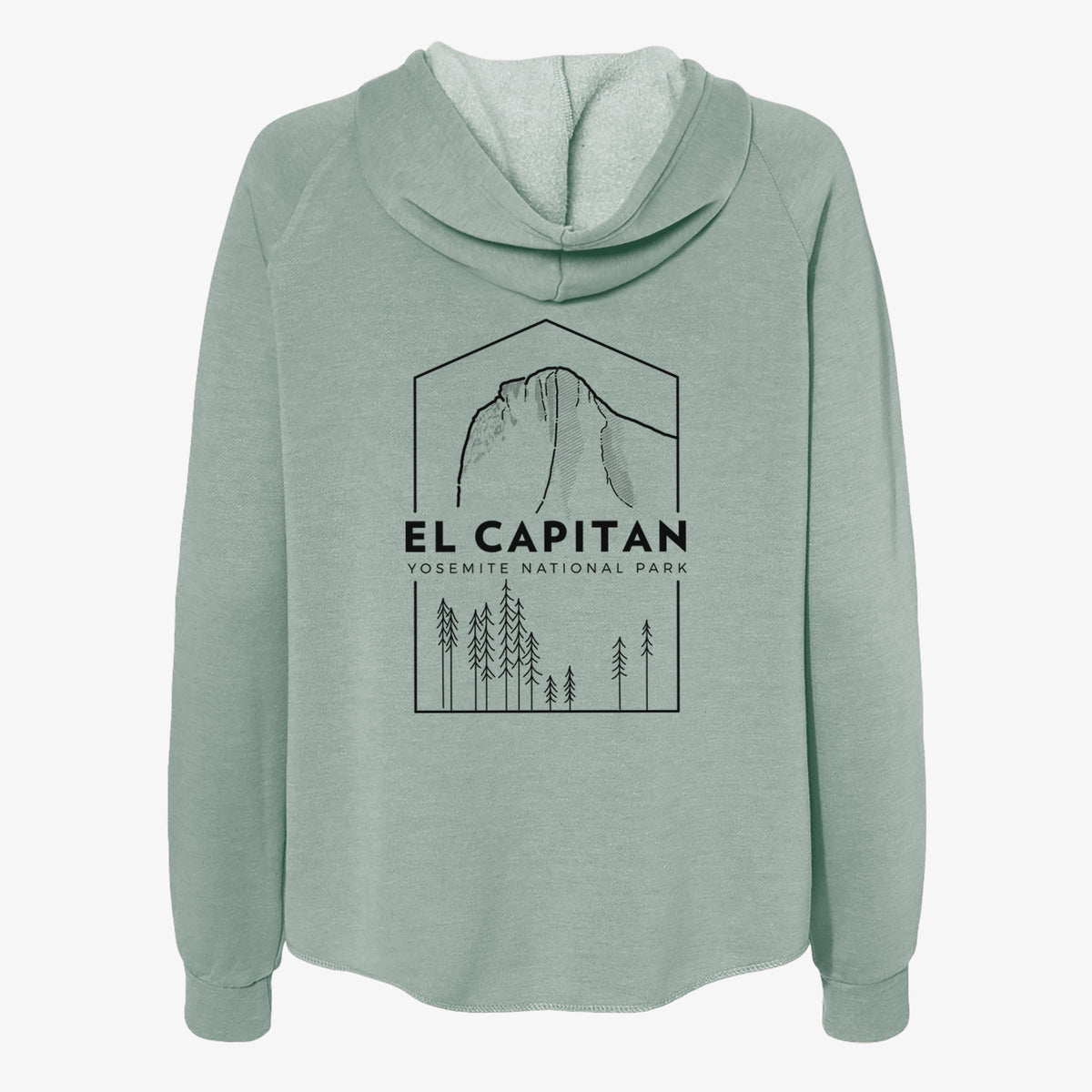 Sage green women's Cali Wave zip-up sweatshirt laid flat, printed with a black line art badge of El Capitan rising above a pine forest, with the words El Capitan, Yosemite National Park.