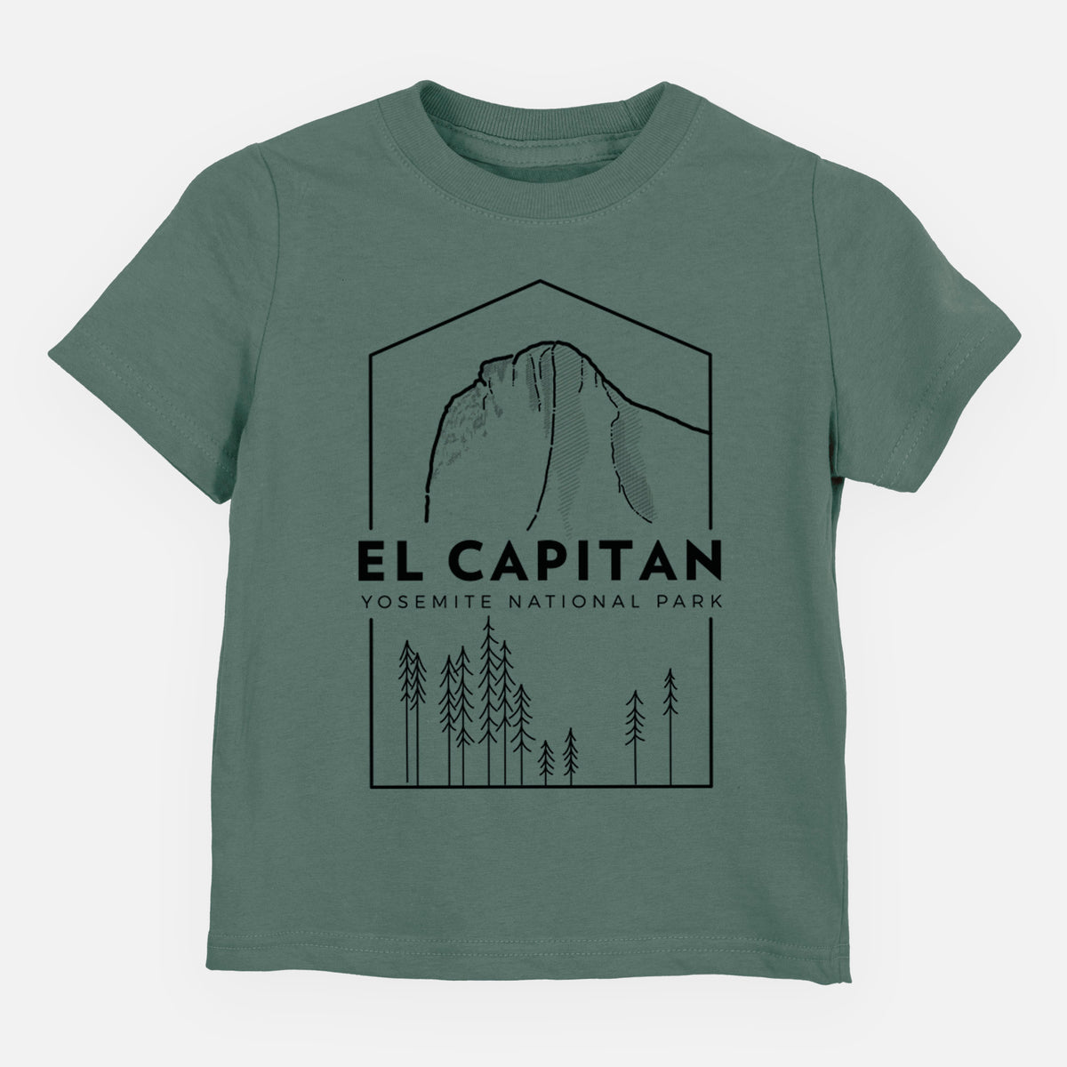 Basil green toddler t-shirt laid flat, printed with a black line art badge of El Capitan rising above a pine forest, with the words El Capitan, Yosemite National Park.