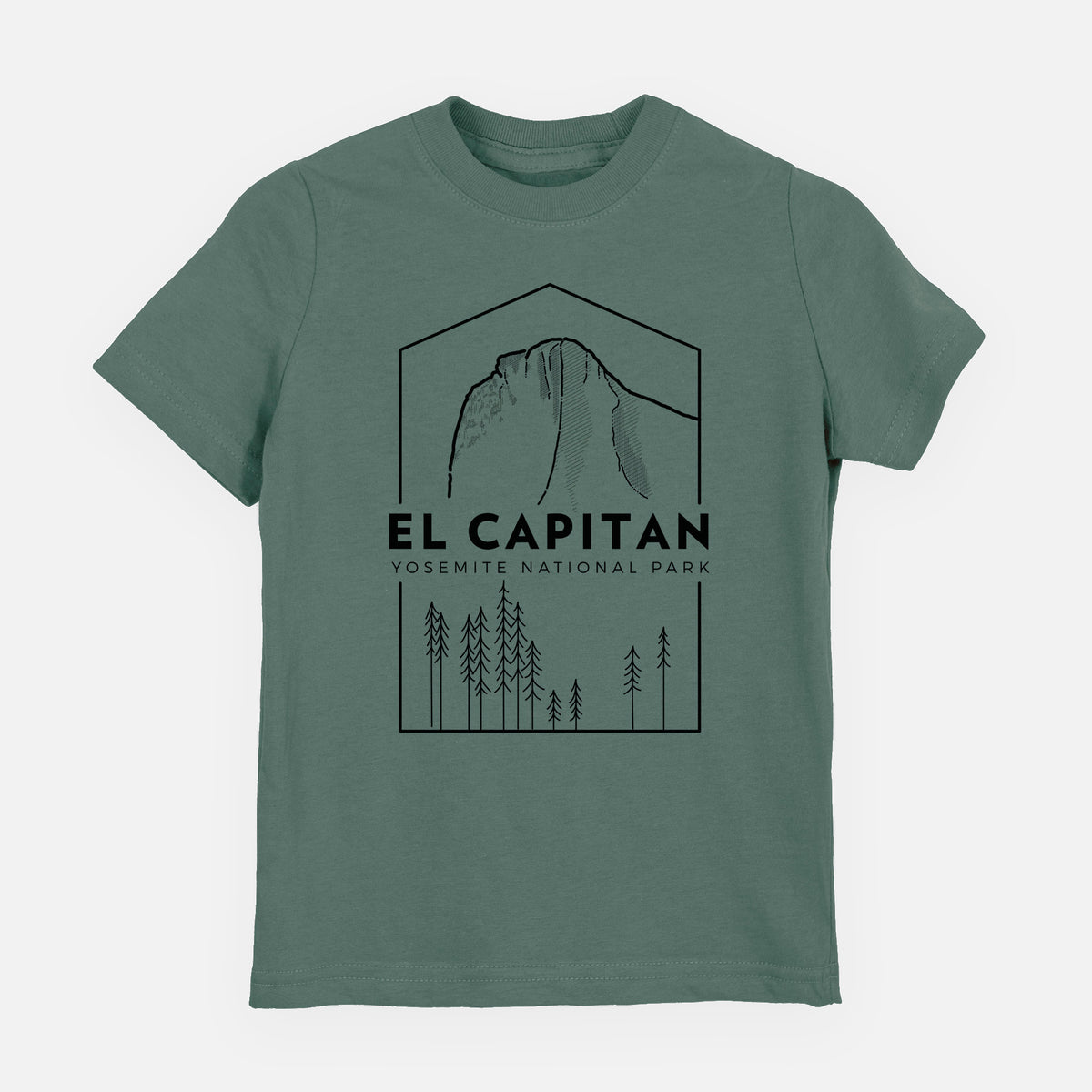 Basil green youth t-shirt laid flat, printed with a black line art badge of El Capitan rising above a pine forest, with the words El Capitan, Yosemite National Park.