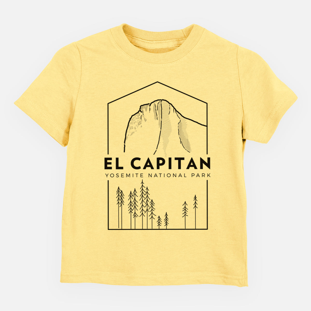 Butter yellow toddler t-shirt laid flat, printed with a black line art badge of El Capitan rising above a pine forest, with the words El Capitan, Yosemite National Park.