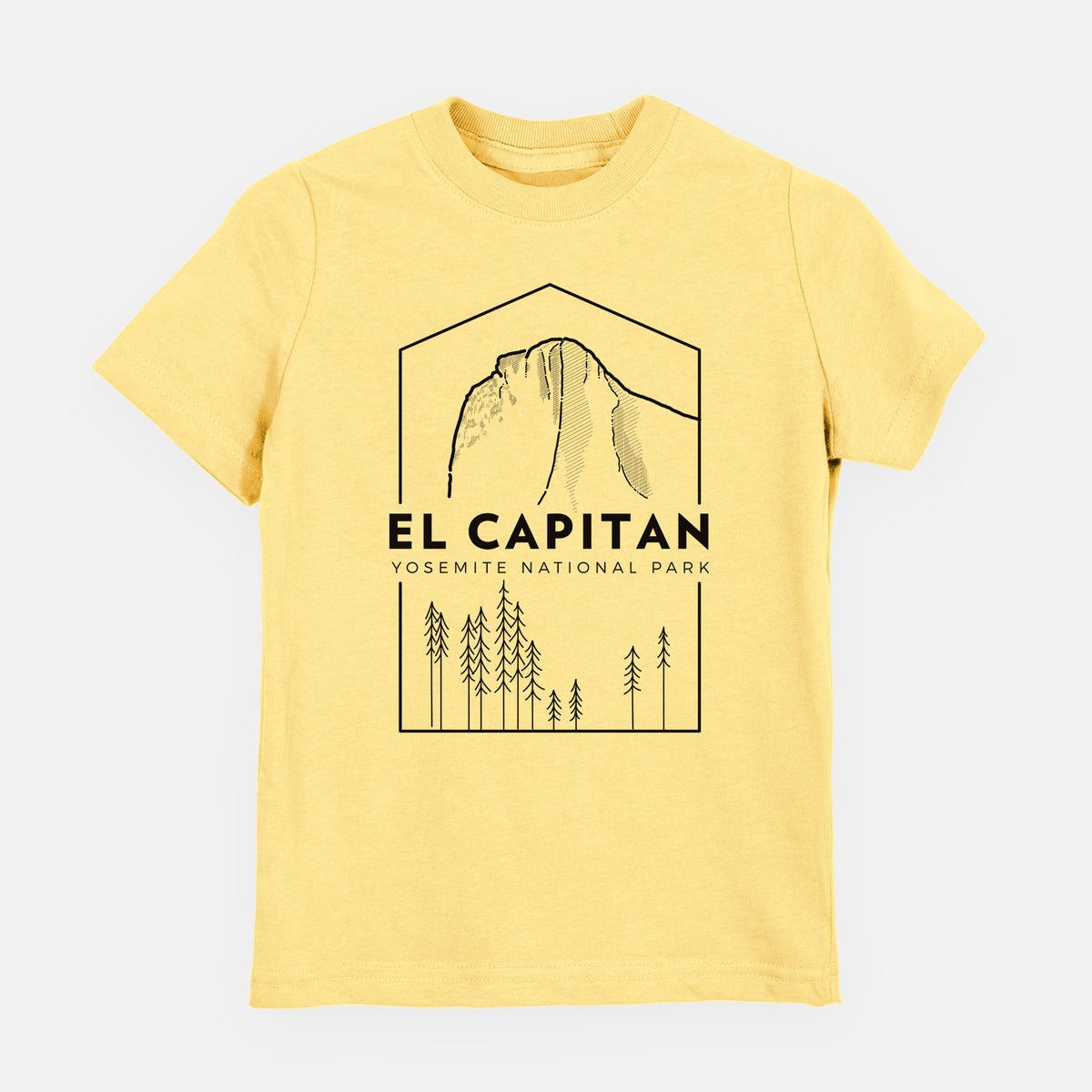 Butter yellow youth t-shirt laid flat, printed with a black line art badge of El Capitan rising above a pine forest, with the words El Capitan, Yosemite National Park.