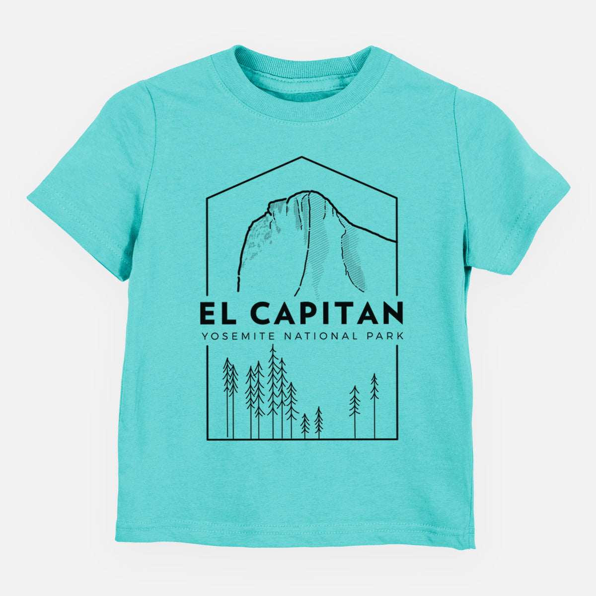 Caribbean blue toddler t-shirt laid flat, printed with a black line art badge of El Capitan rising above a pine forest, with the words El Capitan, Yosemite National Park.