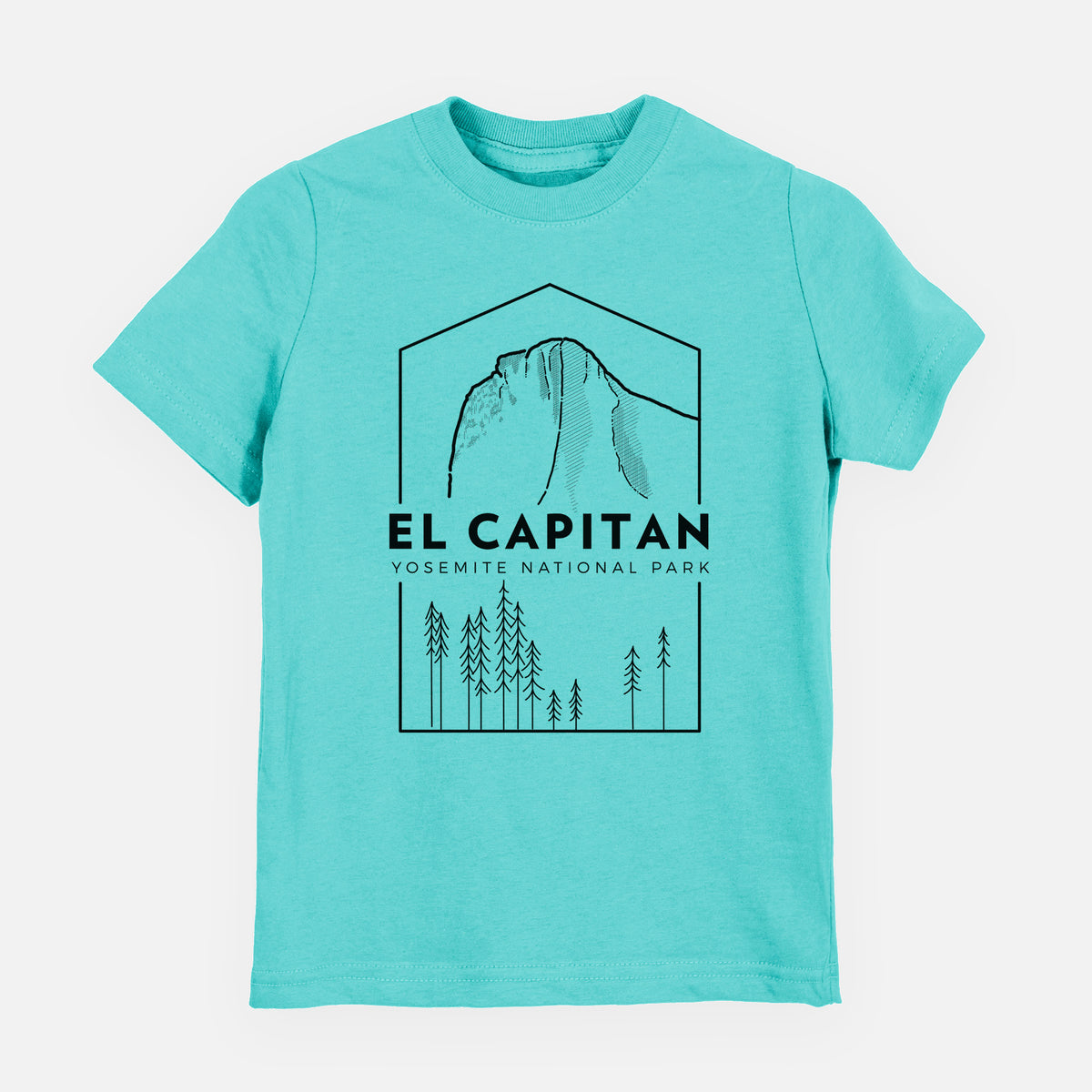 Caribbean blue youth t-shirt laid flat, printed with a black line art badge of El Capitan rising above a pine forest, with the words El Capitan, Yosemite National Park.