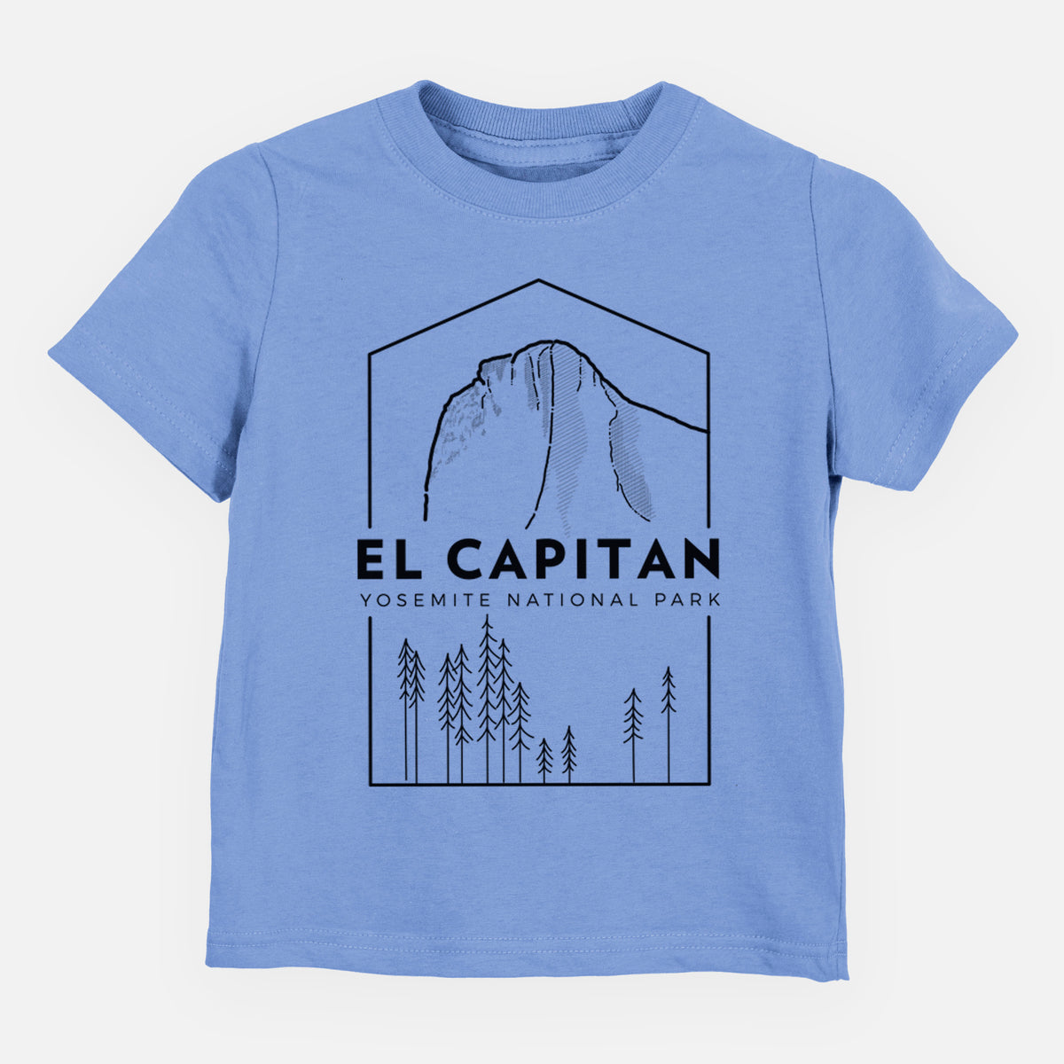 Carolina blue toddler t-shirt laid flat, printed with a black line art badge of El Capitan rising above a pine forest, with the words El Capitan, Yosemite National Park.