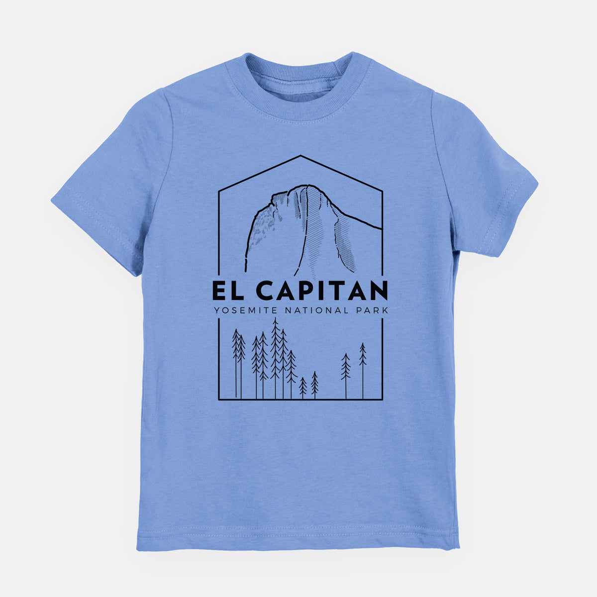 Carolina blue youth t-shirt laid flat, printed with a black line art badge of El Capitan rising above a pine forest, with the words El Capitan, Yosemite National Park.