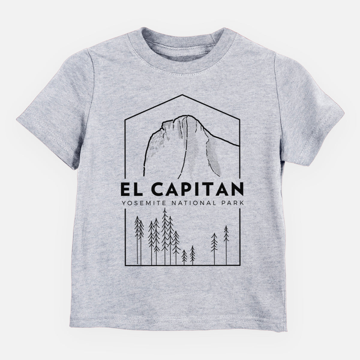 Heather grey toddler t-shirt laid flat, printed with a black line art badge of El Capitan rising above a pine forest, with the words El Capitan, Yosemite National Park.