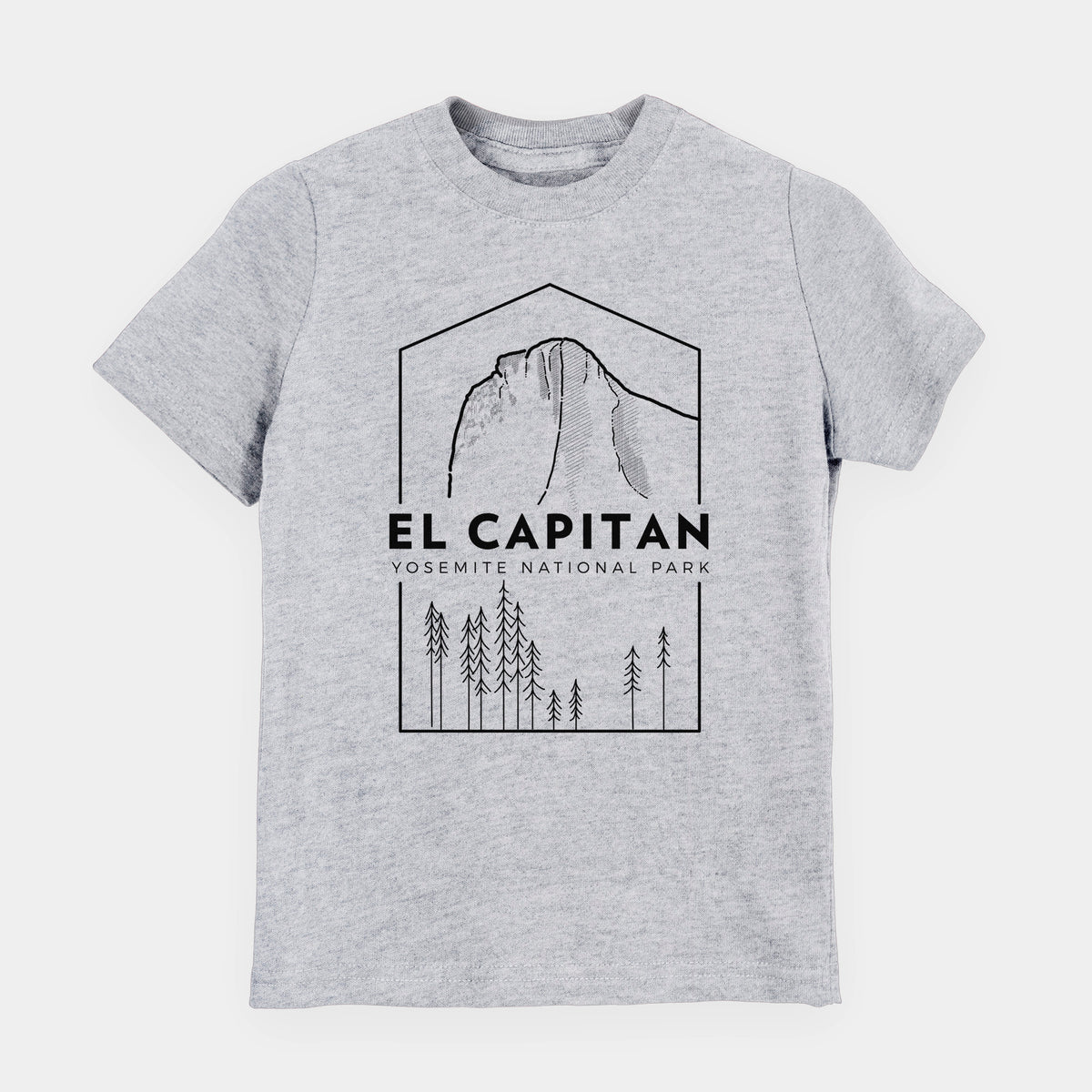 Heather grey youth t-shirt laid flat, printed with a black line art badge of El Capitan rising above a pine forest, with the words El Capitan, Yosemite National Park.