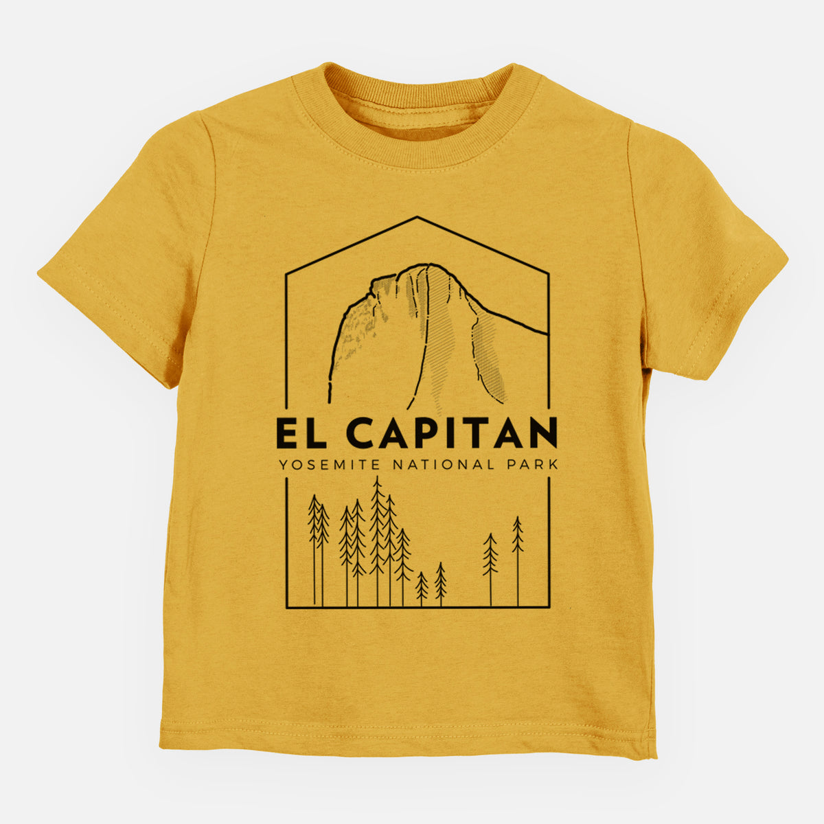 Honeycomb yellow toddler t-shirt laid flat, printed with a black line art badge of El Capitan rising above a pine forest, with the words El Capitan, Yosemite National Park.