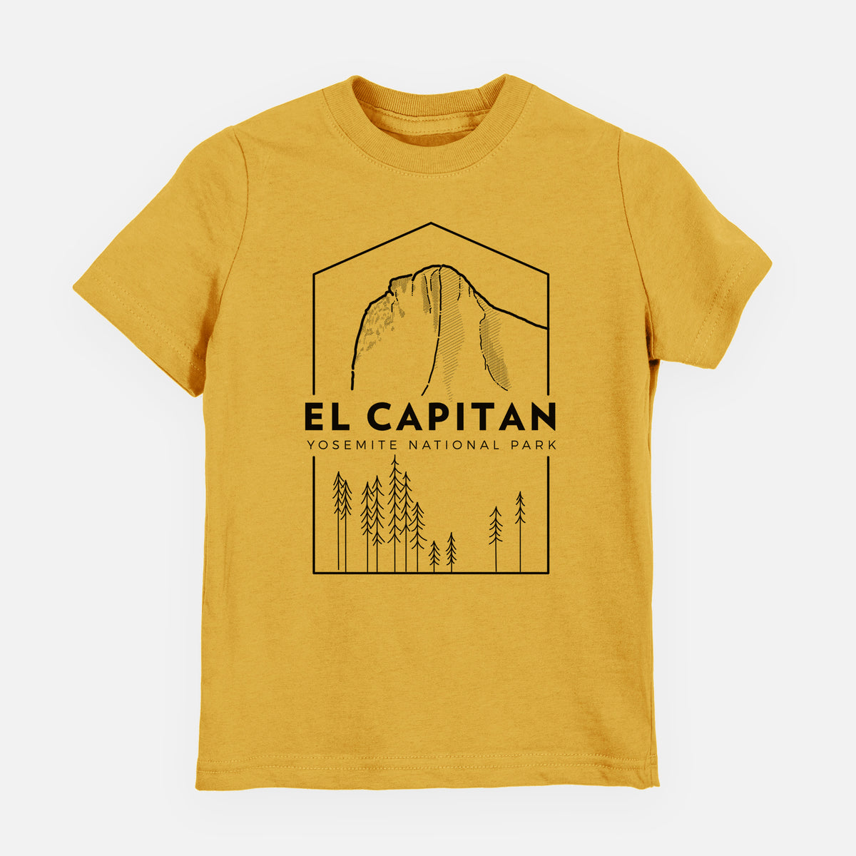 Honeycomb yellow youth t-shirt laid flat, printed with a black line art badge of El Capitan rising above a pine forest, with the words El Capitan, Yosemite National Park.
