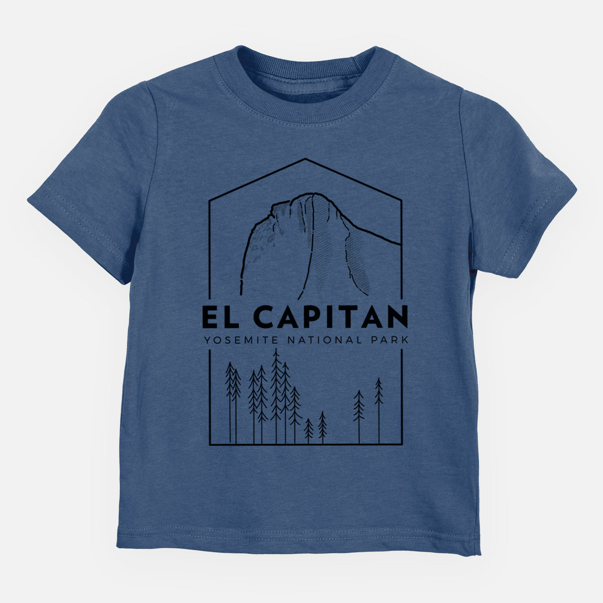Indigo blue toddler t-shirt laid flat, printed with a black line art badge of El Capitan rising above a pine forest, with the words El Capitan, Yosemite National Park.