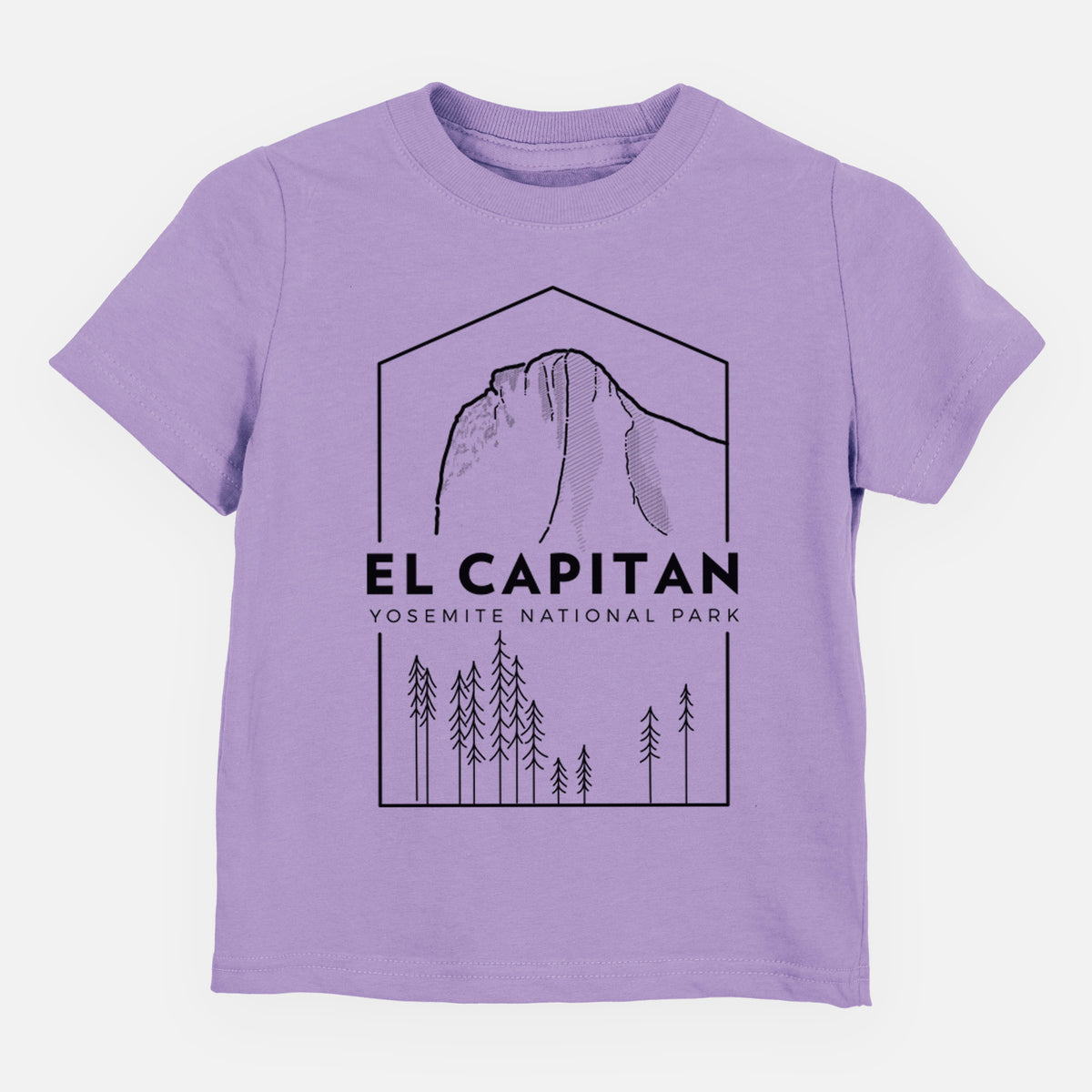 Lavender toddler t-shirt laid flat, printed with a black line art badge of El Capitan rising above a pine forest, with the words El Capitan, Yosemite National Park.