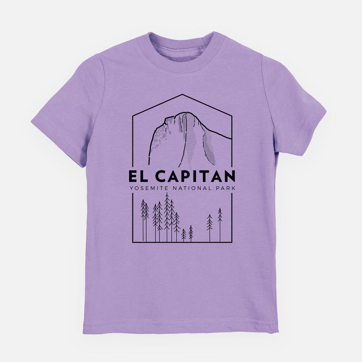 Lavender youth t-shirt laid flat, printed with a black line art badge of El Capitan rising above a pine forest, with the words El Capitan, Yosemite National Park.