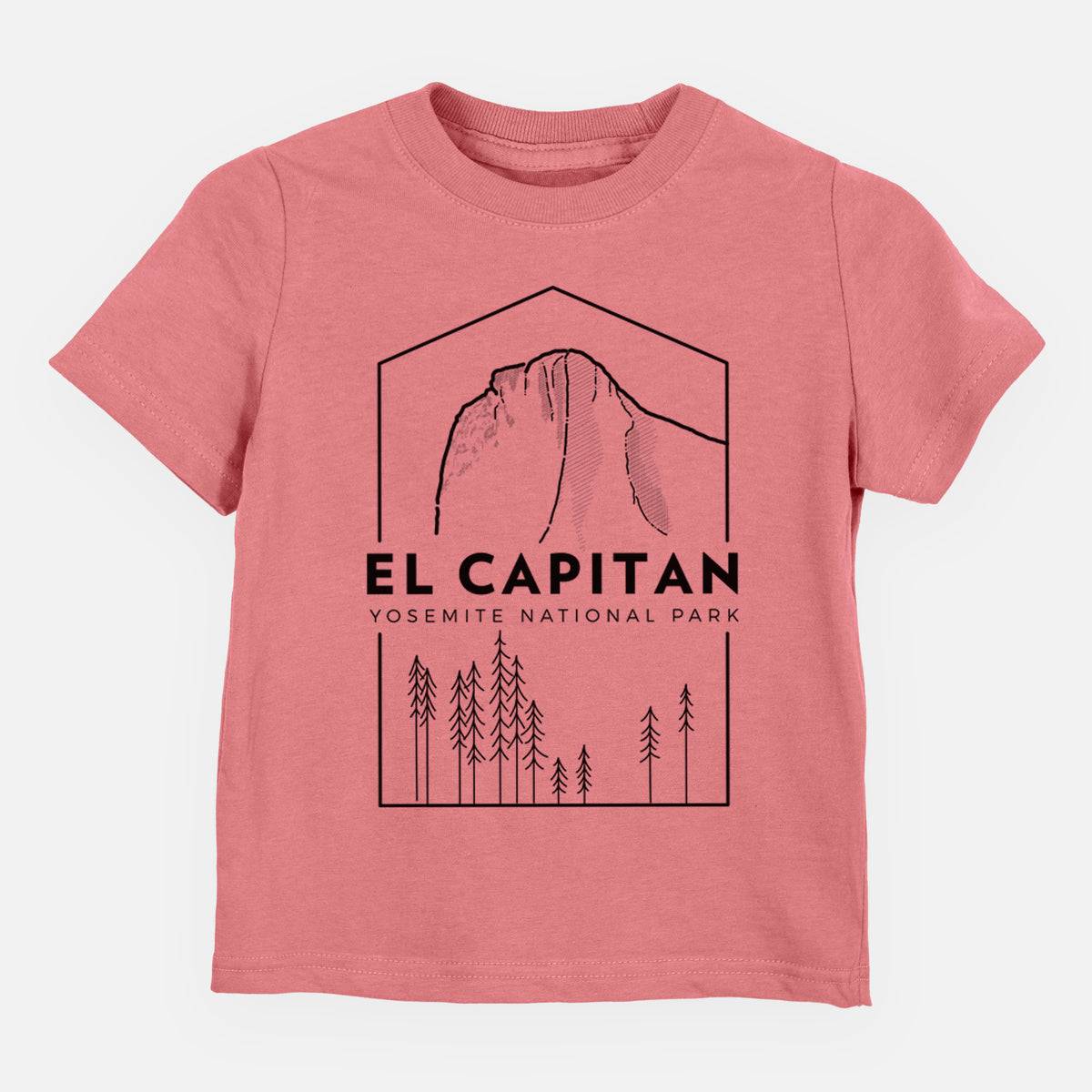 Mauve pink toddler t-shirt laid flat, printed with a black line art badge of El Capitan rising above a pine forest, with the words El Capitan, Yosemite National Park.