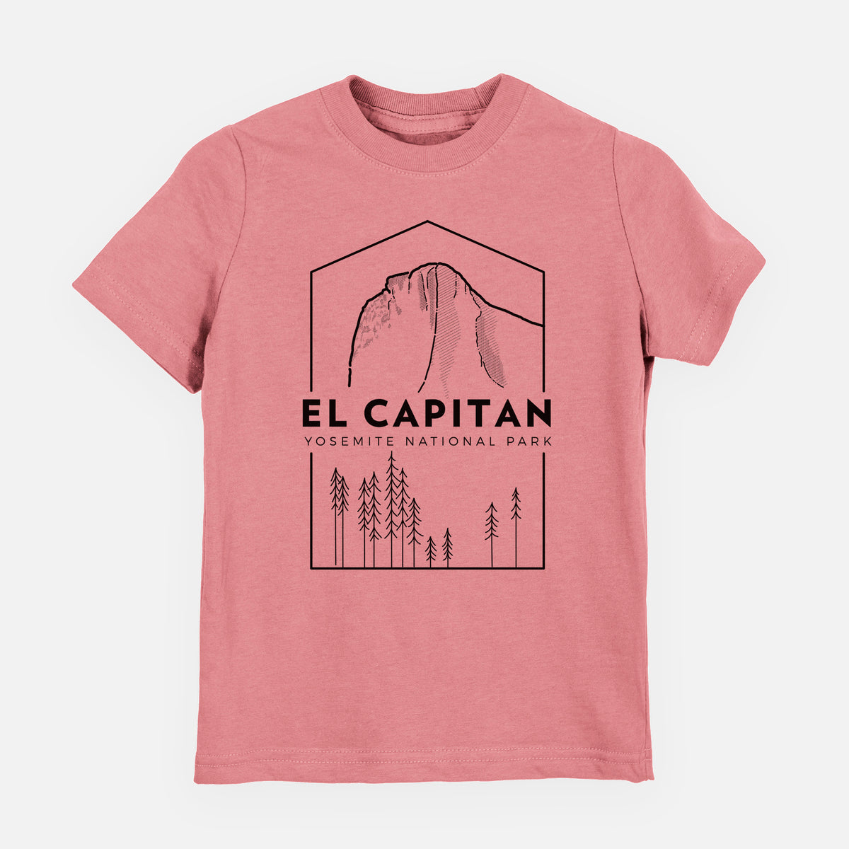 Mauve pink youth t-shirt laid flat, printed with a black line art badge of El Capitan rising above a pine forest, with the words El Capitan, Yosemite National Park.