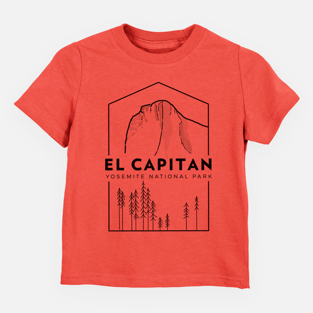 Passionfruit pink toddler t-shirt laid flat, printed with a black line art badge of El Capitan rising above a pine forest, with the words El Capitan, Yosemite National Park.
