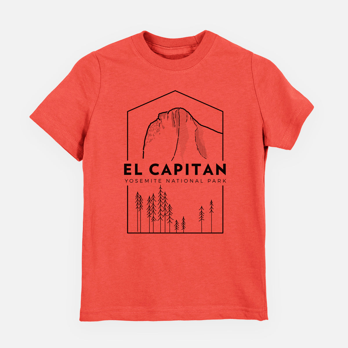 Passionfruit pink youth t-shirt laid flat, printed with a black line art badge of El Capitan rising above a pine forest, with the words El Capitan, Yosemite National Park.