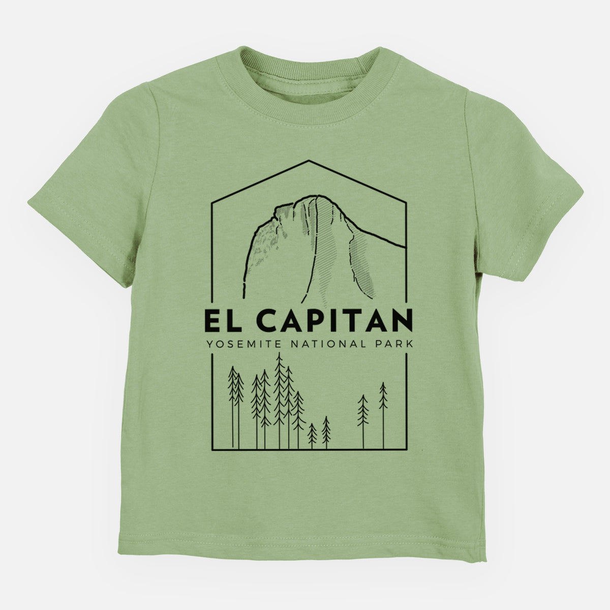 Sage green toddler t-shirt laid flat, printed with a black line art badge of El Capitan rising above a pine forest, with the words El Capitan, Yosemite National Park.