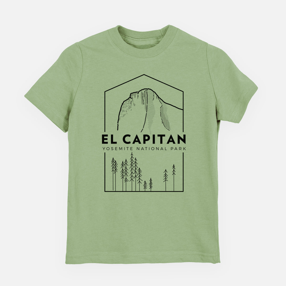 Sage green youth t-shirt laid flat, printed with a black line art badge of El Capitan rising above a pine forest, with the words El Capitan, Yosemite National Park.
