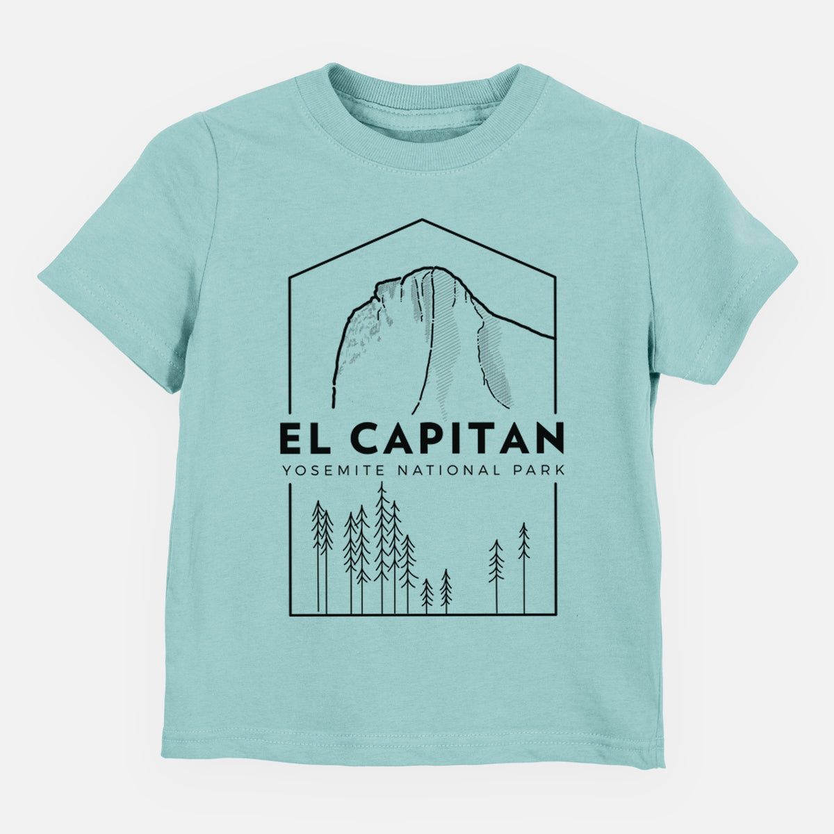 Saltwater toddler t-shirt laid flat, printed with a black line art badge of El Capitan rising above a pine forest, with the words El Capitan, Yosemite National Park.