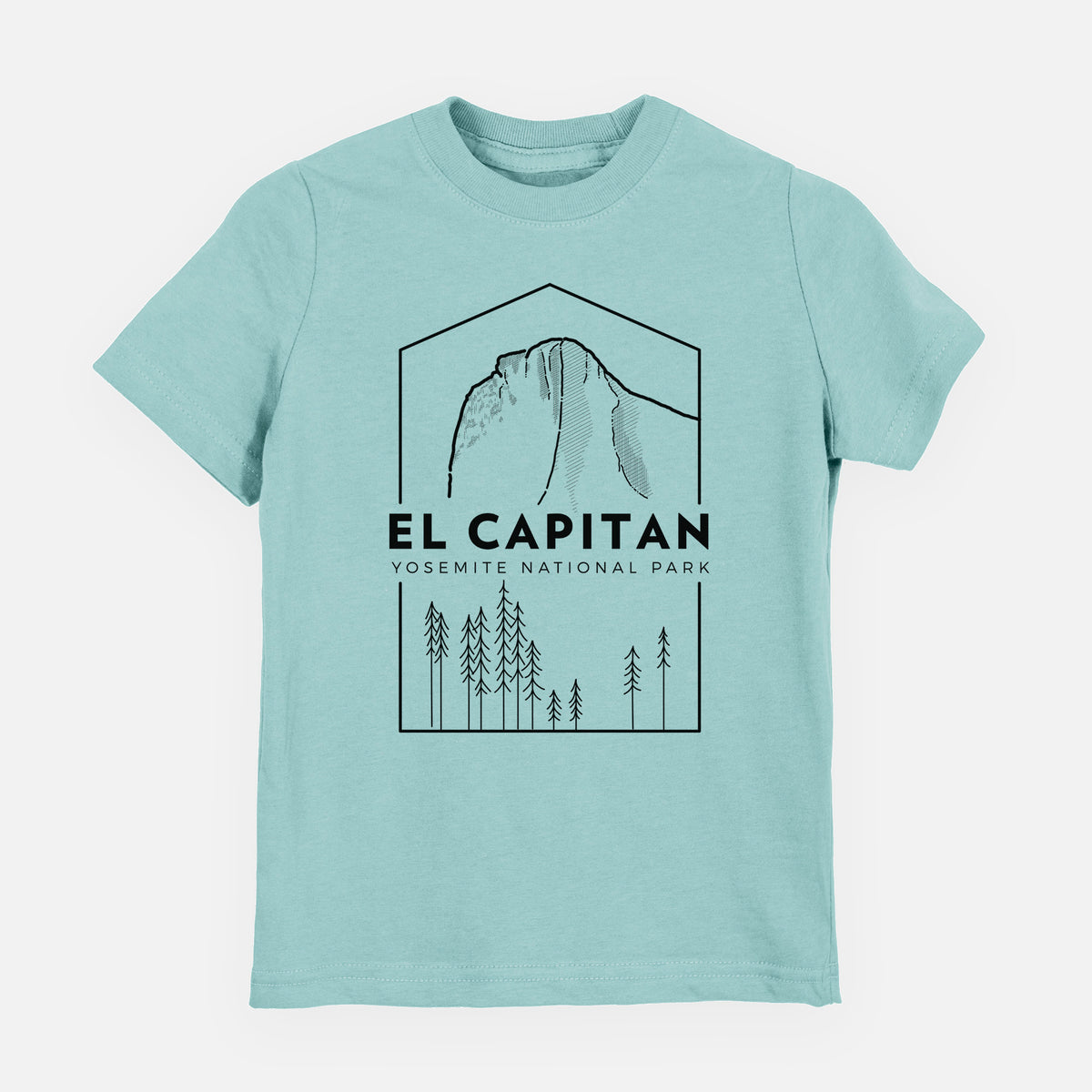 Saltwater youth t-shirt laid flat, printed with a black line art badge of El Capitan rising above a pine forest, with the words El Capitan, Yosemite National Park.