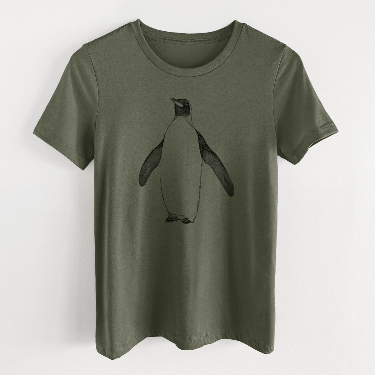 Military green women's relaxed fit cotton t-shirt laid flat, printed with a black ink illustration of an emperor penguin standing.