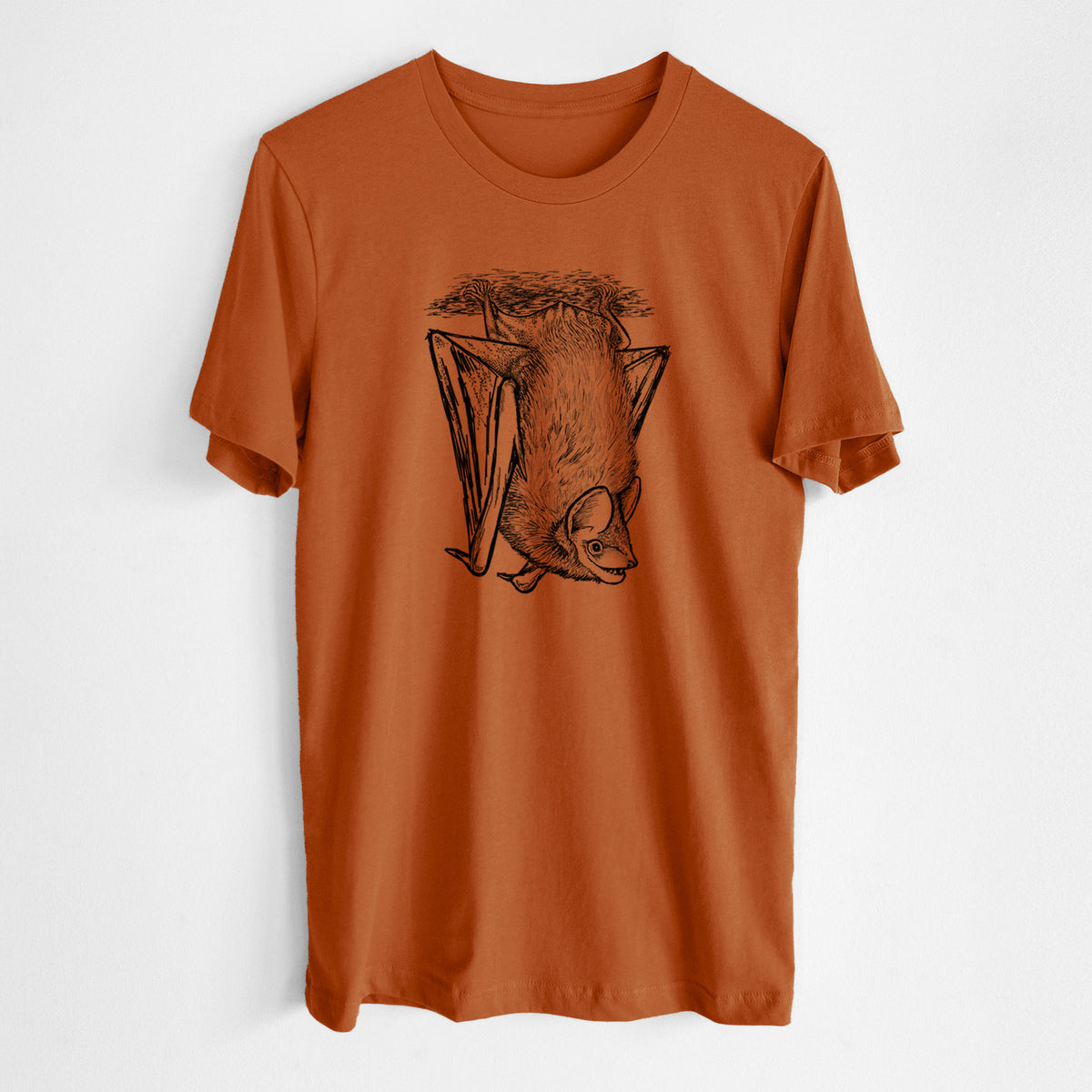 Autumn lightweight cotton t-shirt laid flat, printed with a detailed black ink illustration of a big brown bat hanging upside down.