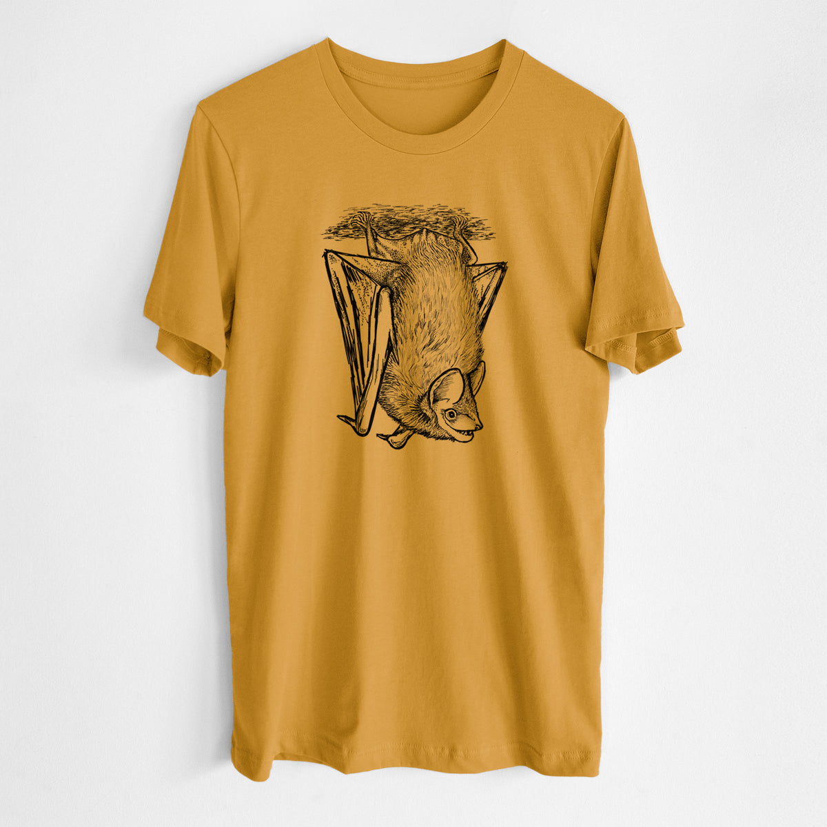 Honeycomb yellow lightweight cotton t-shirt laid flat, printed with a detailed black ink illustration of a big brown bat hanging upside down.