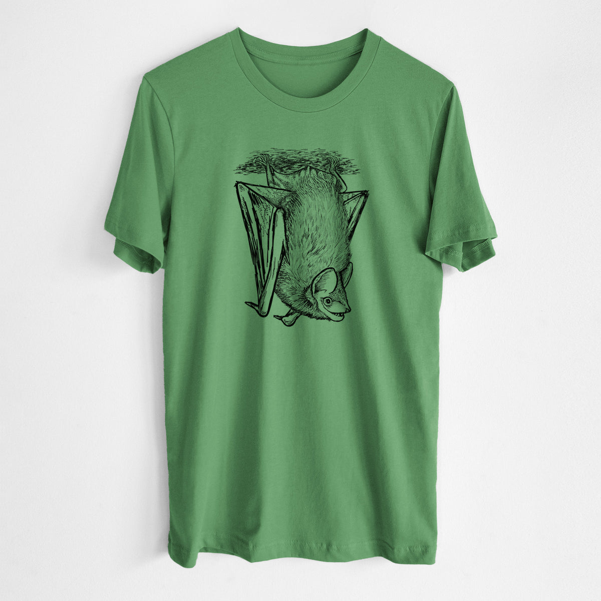 Leaf green lightweight cotton t-shirt laid flat, printed with a detailed black ink illustration of a big brown bat hanging upside down.