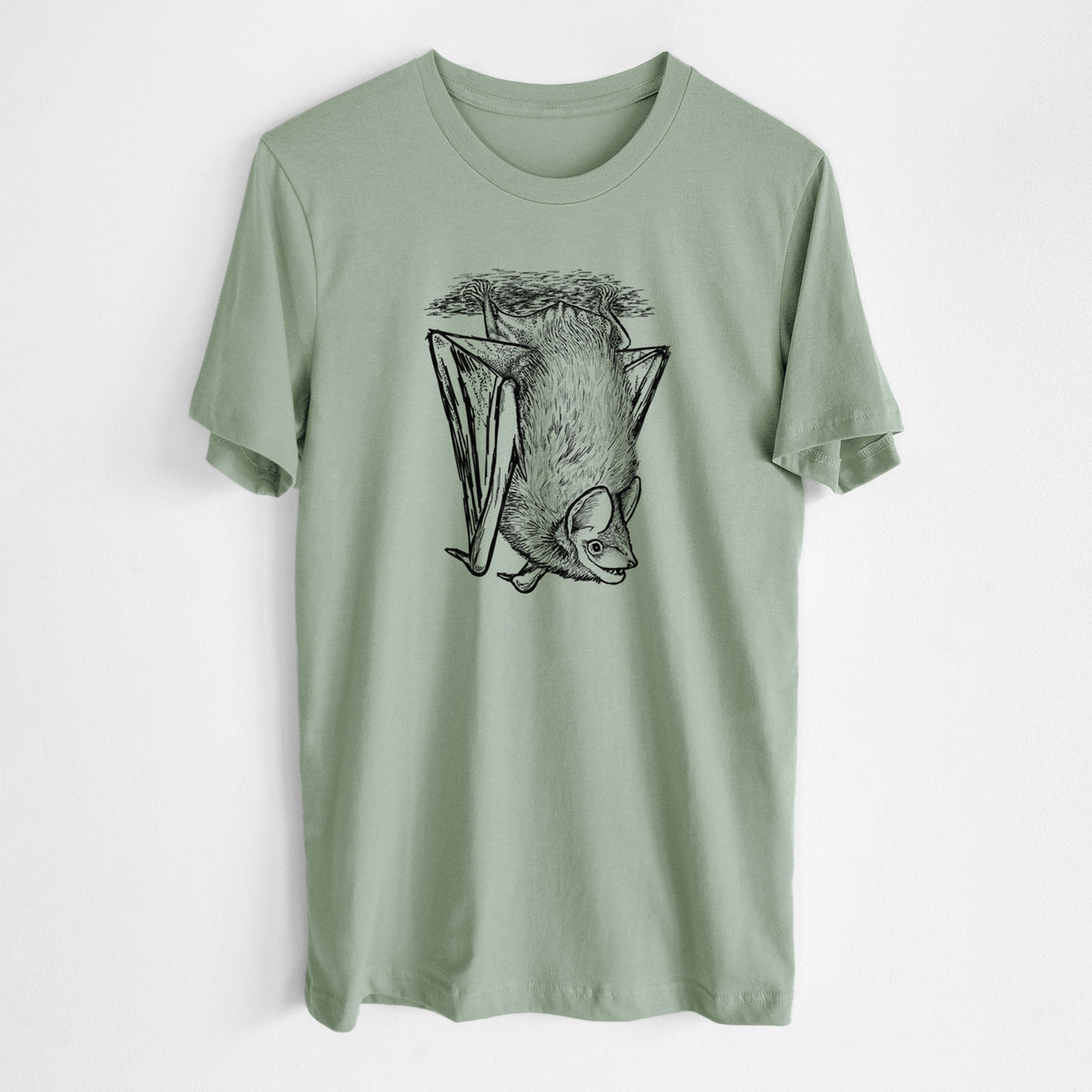 Sage green lightweight cotton t-shirt laid flat, printed with a detailed black ink illustration of a big brown bat hanging upside down.