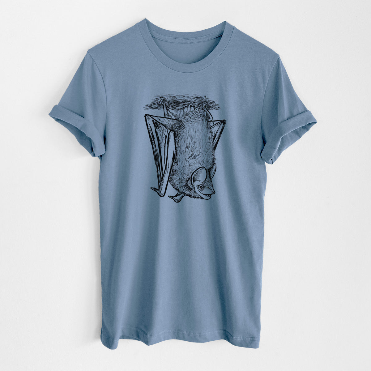 Steel blue lightweight cotton t-shirt laid flat, printed with a detailed black ink illustration of a big brown bat hanging upside down.