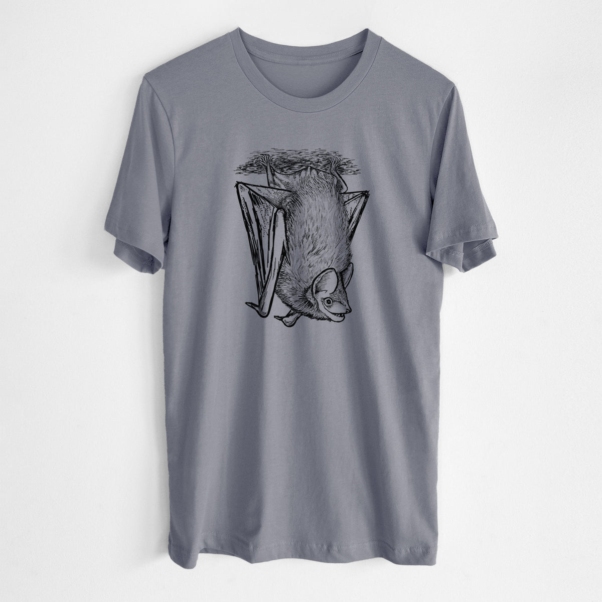 Storm grey lightweight cotton t-shirt laid flat, printed with a detailed black ink illustration of a big brown bat hanging upside down.