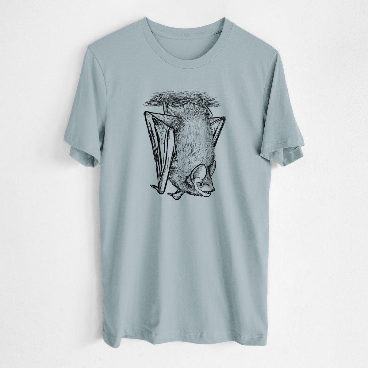 Vintage denim lightweight cotton t-shirt laid flat, printed with a detailed black ink illustration of a big brown bat hanging upside down.