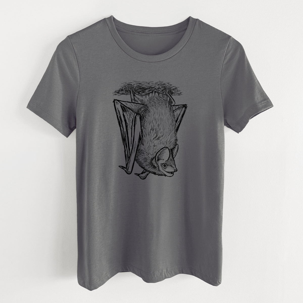 Asphalt women's relaxed fit cotton t-shirt laid flat, printed with a detailed black ink illustration of a big brown bat hanging upside down.