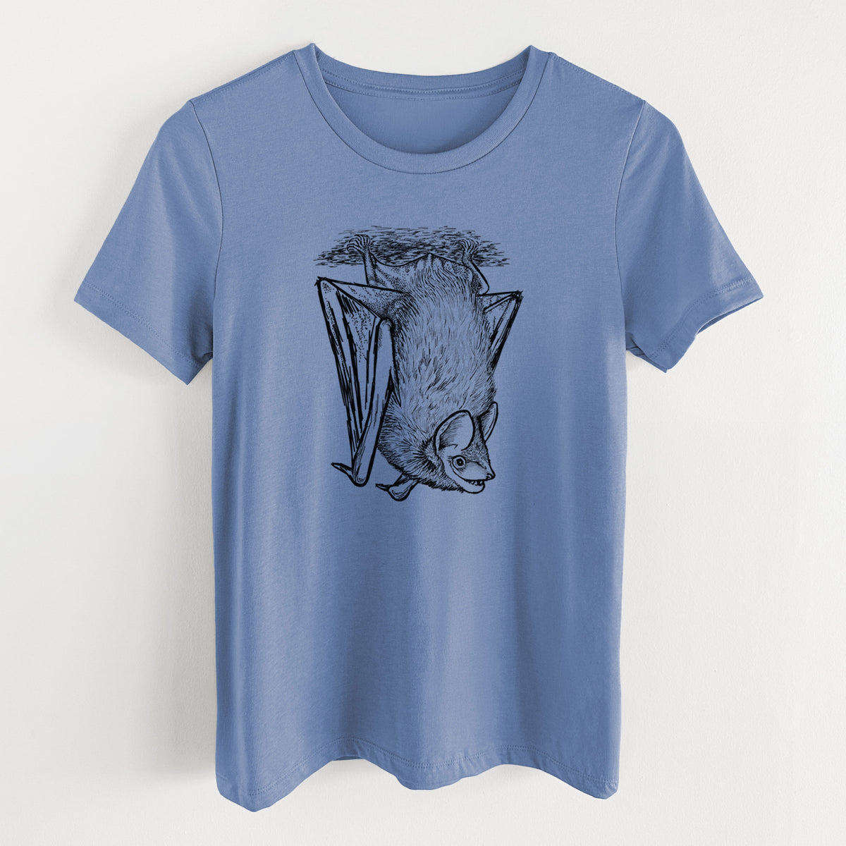 Blue bell women's relaxed fit cotton t-shirt laid flat, printed with a detailed black ink illustration of a big brown bat hanging upside down.