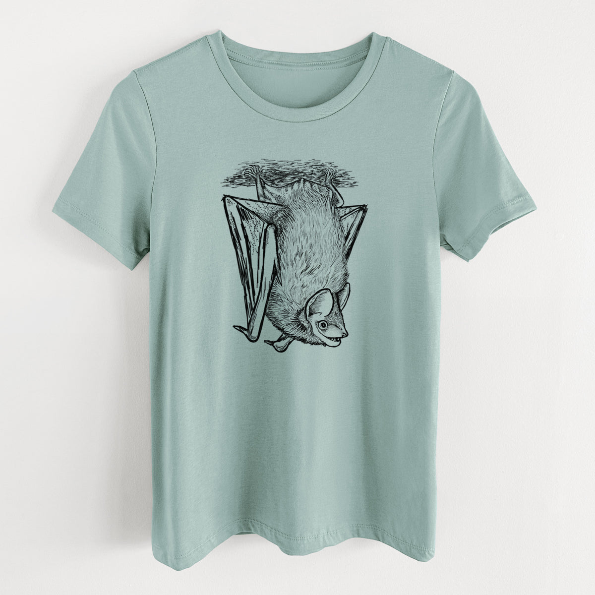 Dusty blue women's relaxed fit cotton t-shirt laid flat, printed with a detailed black ink illustration of a big brown bat hanging upside down.