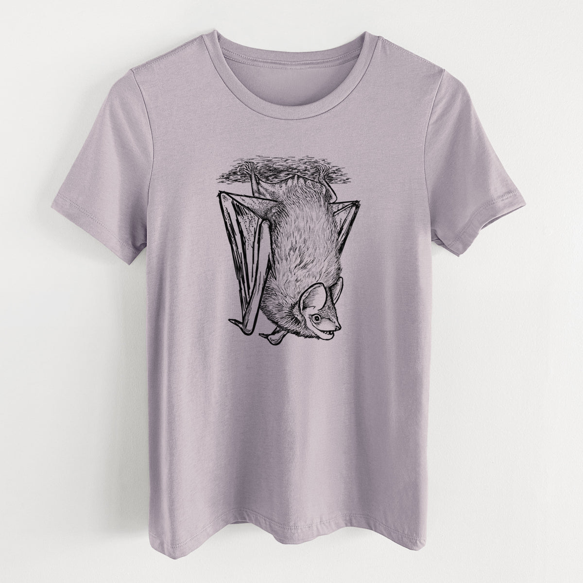 Light violet women's relaxed fit cotton t-shirt laid flat, printed with a detailed black ink illustration of a big brown bat hanging upside down.