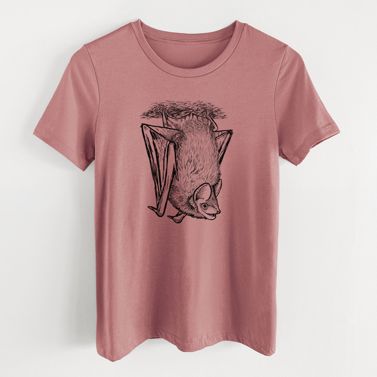 Mauve pink women's relaxed fit cotton t-shirt laid flat, printed with a detailed black ink illustration of a big brown bat hanging upside down.