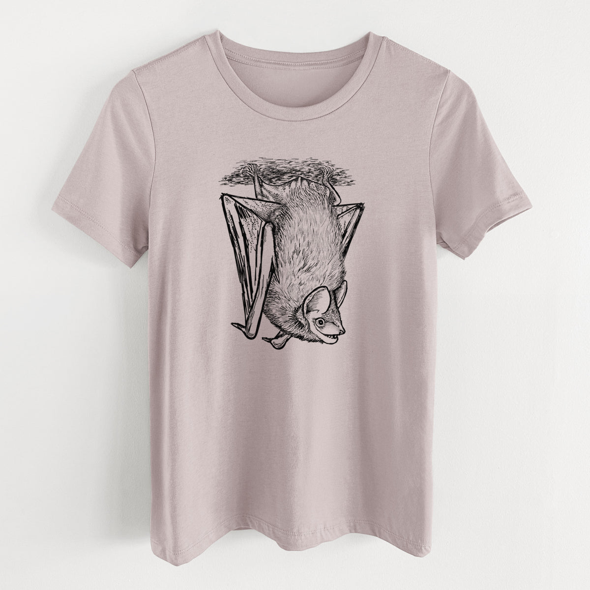 Pink gravel women's relaxed fit cotton t-shirt laid flat, printed with a detailed black ink illustration of a big brown bat hanging upside down.