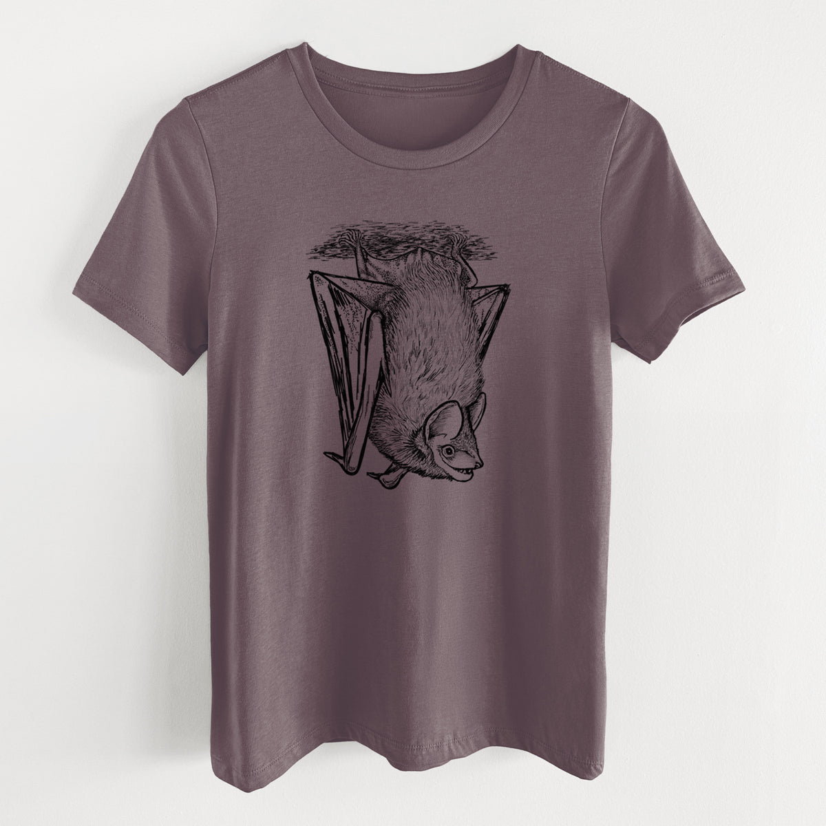 Purple storm women's relaxed fit cotton t-shirt laid flat, printed with a detailed black ink illustration of a big brown bat hanging upside down.