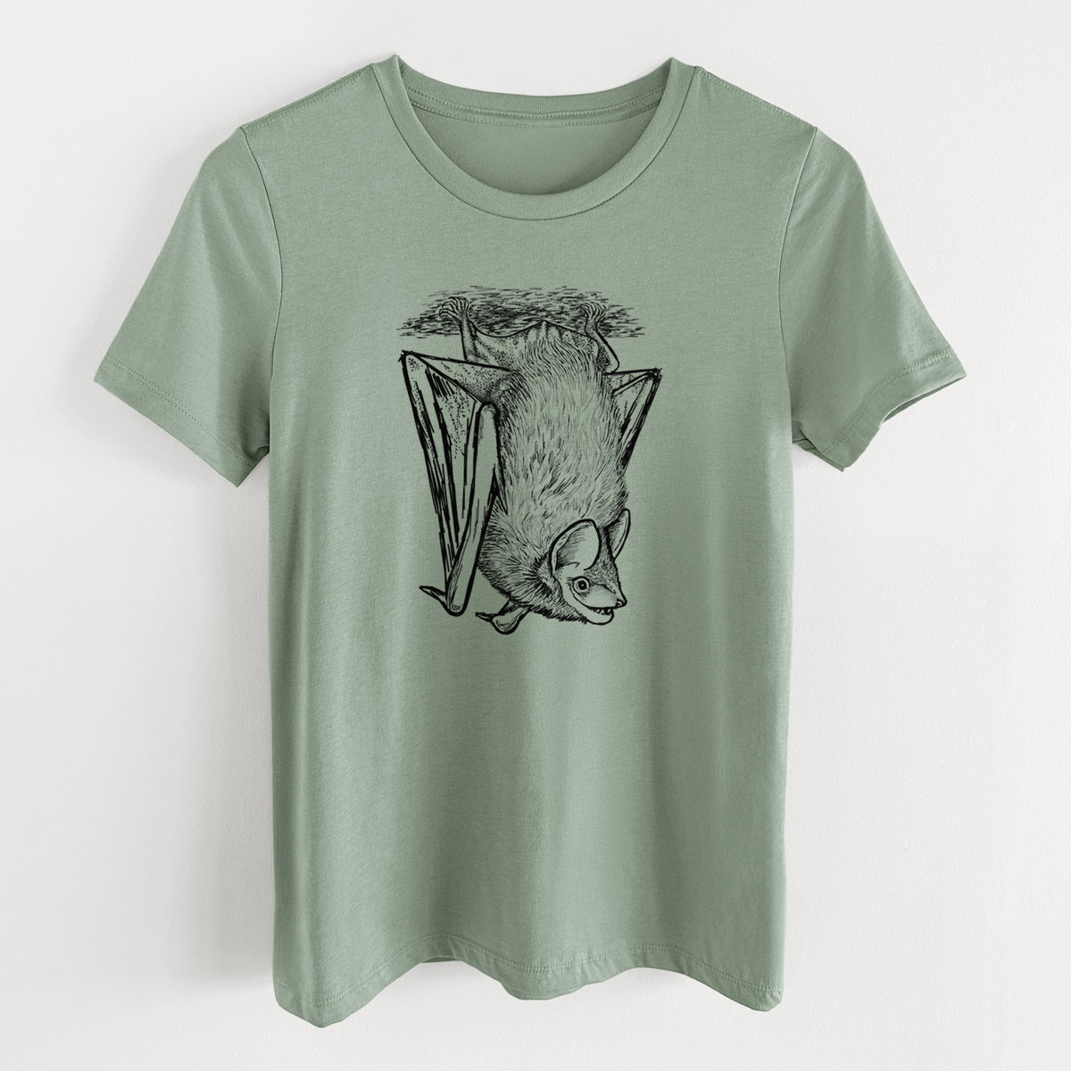 Sage green women's relaxed fit cotton t-shirt laid flat, printed with a detailed black ink illustration of a big brown bat hanging upside down.