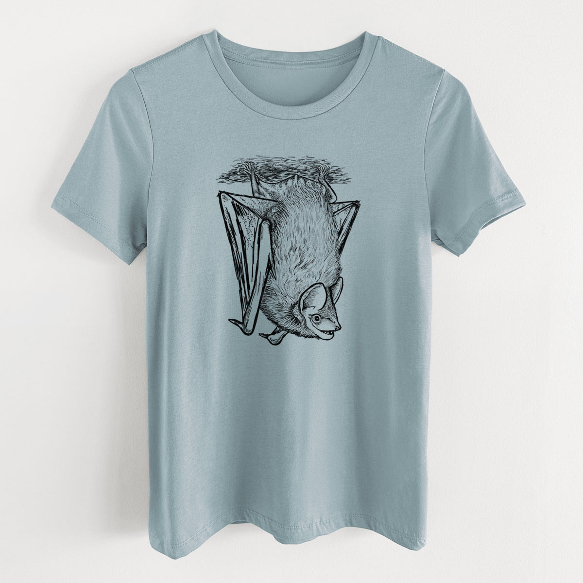 Vintage denim women's relaxed fit cotton t-shirt laid flat, printed with a detailed black ink illustration of a big brown bat hanging upside down.