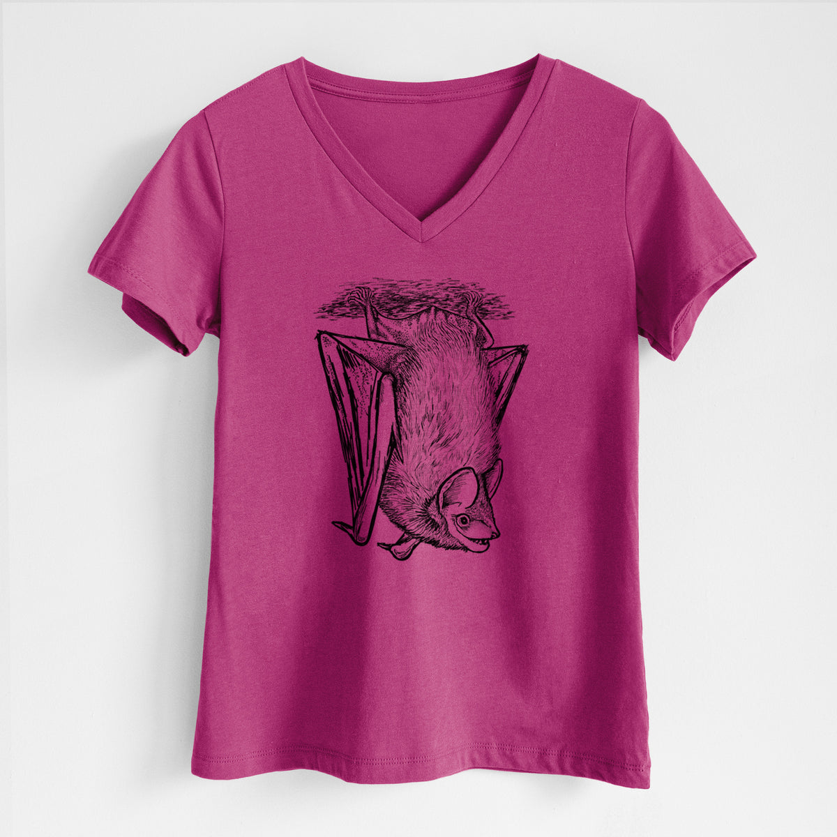 Berry pink women's relaxed fit cotton V-neck t-shirt laid flat, printed with a detailed black ink illustration of a big brown bat hanging upside down.