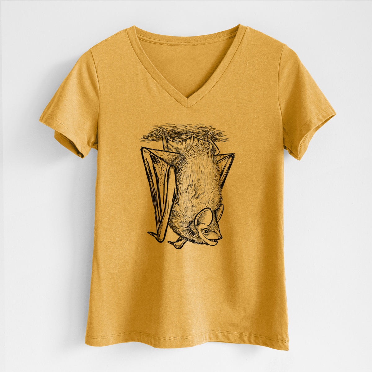 Honeycomb yellow women's relaxed fit cotton V-neck t-shirt laid flat, printed with a detailed black ink illustration of a big brown bat hanging upside down.