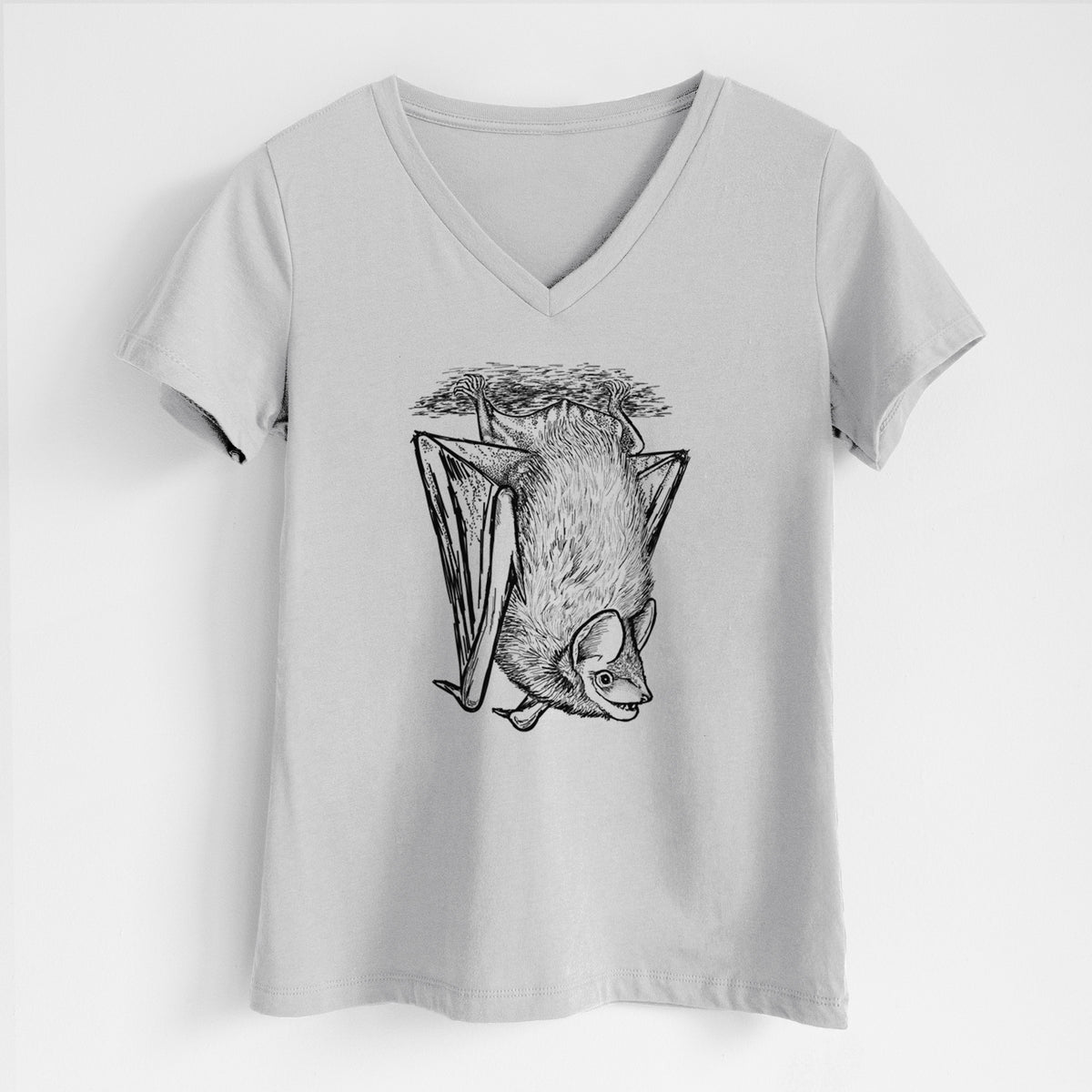 Lunar grey women's relaxed fit cotton V-neck t-shirt laid flat, printed with a detailed black ink illustration of a big brown bat hanging upside down.