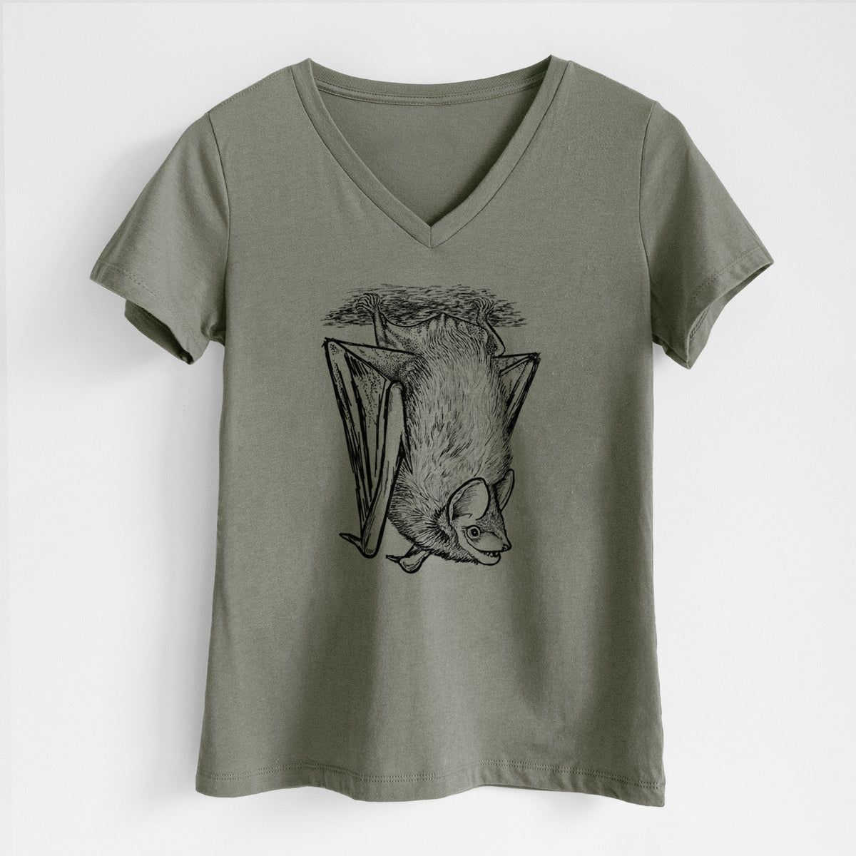 Military green women's relaxed fit cotton V-neck t-shirt laid flat, printed with a detailed black ink illustration of a big brown bat hanging upside down.