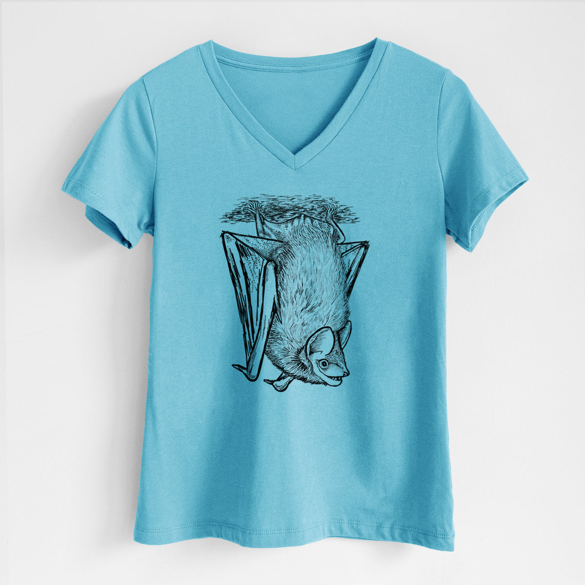 Turquoise women's relaxed fit cotton V-neck t-shirt laid flat, printed with a detailed black ink illustration of a big brown bat hanging upside down.